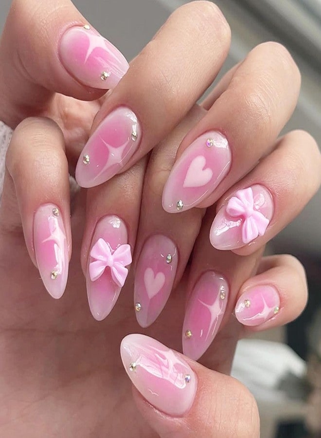 BSBTBZ Pink Gradient Press on Nails Fake Nails Almond-shaped blush Bow Star with Rhinestones Design Glossy Stick on Nails Acrylic Artificial Nails Oval False Nails for Women Girls DIY Manicure Decoration - Image 1